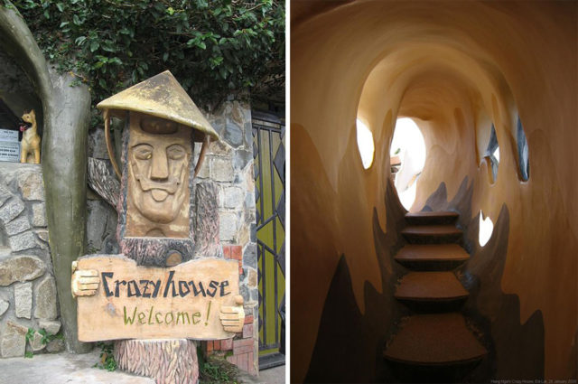 Left - Entrance sign. Right - A cave-shaped stairway. Photo Credit1 Photo Credit2
