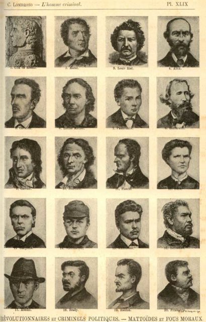  Examples of physiognomy of criminals, according to Lombroso: Revolutionary and political criminals, crazy and insane