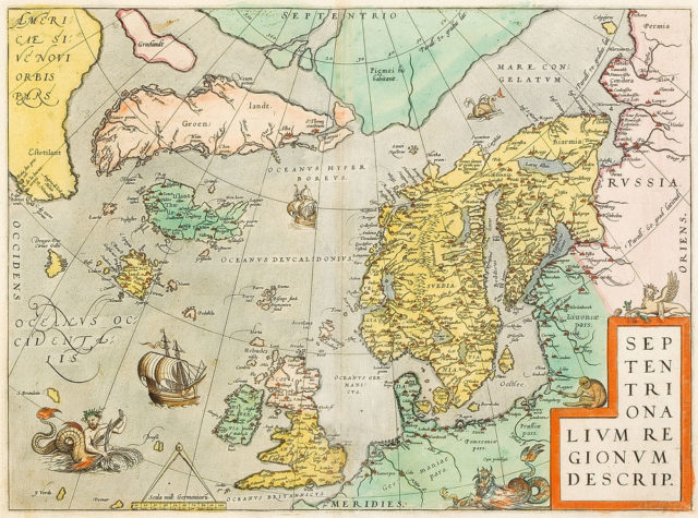 Map of the northern region (including some fantasy islands) by Abraham Ortelius, ca. 1570.