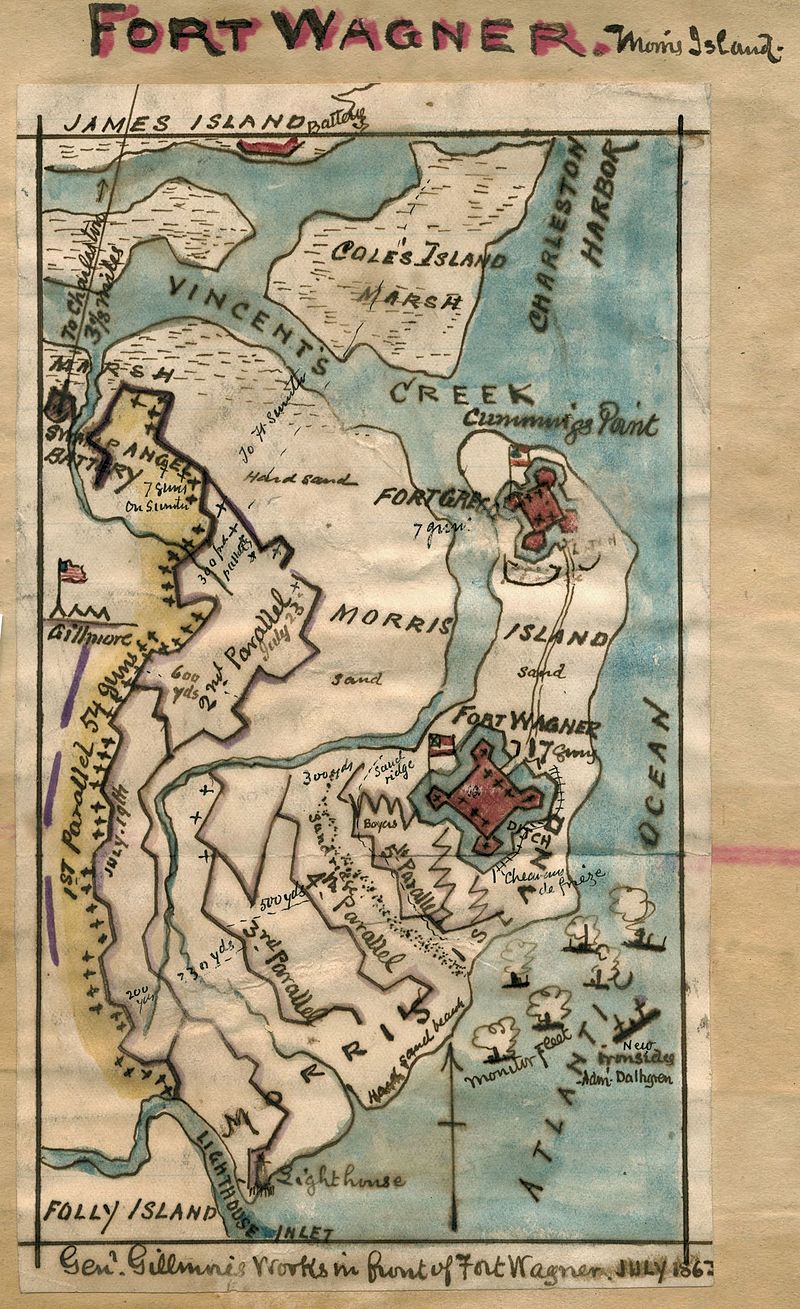 Gillmore's approaches on Fort Wagner, Morris Island, July 1863 before the Second Battle of Fort Wagner. Lighthouse where Smalls served is marked on southern end of Morris Island