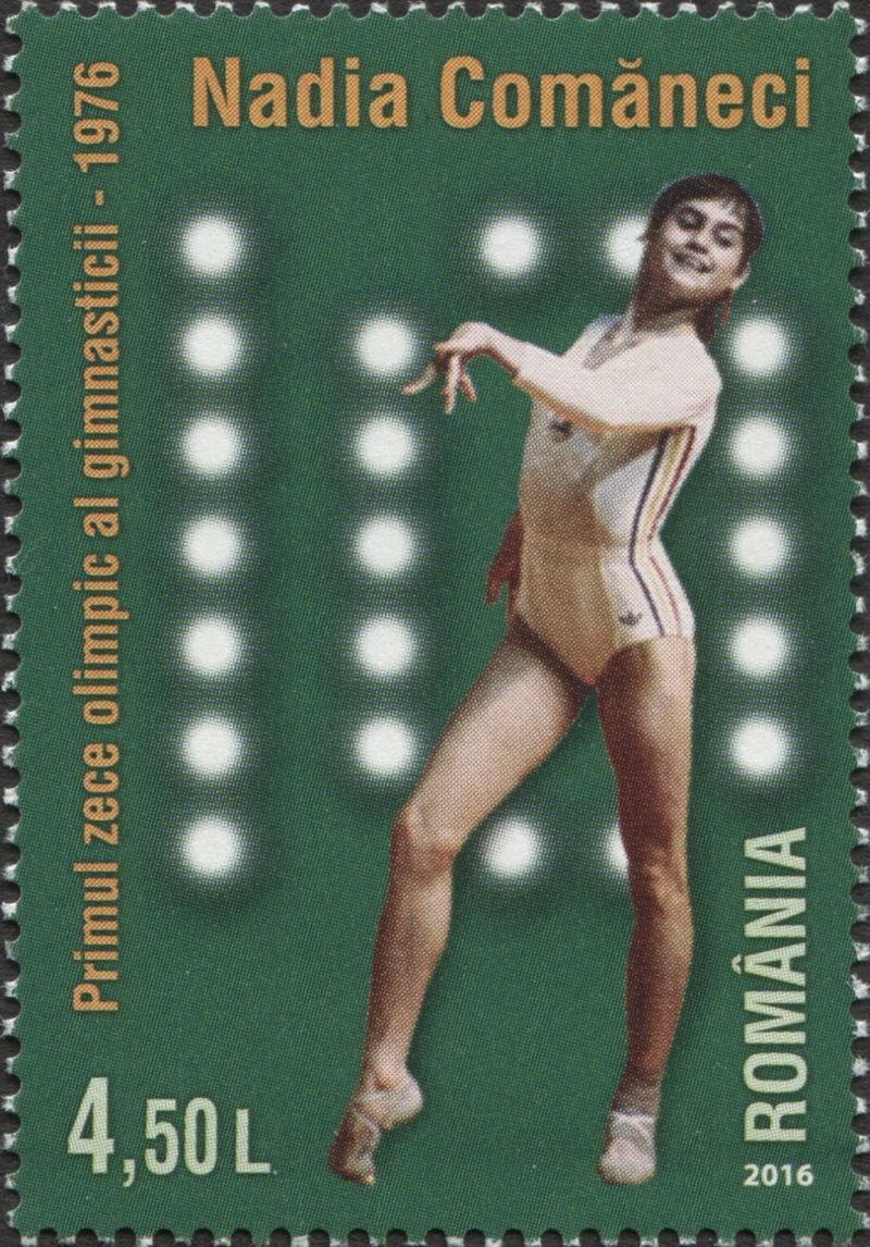 Comaneci at the 1976 Olympics, a 2016 stamp of Romania