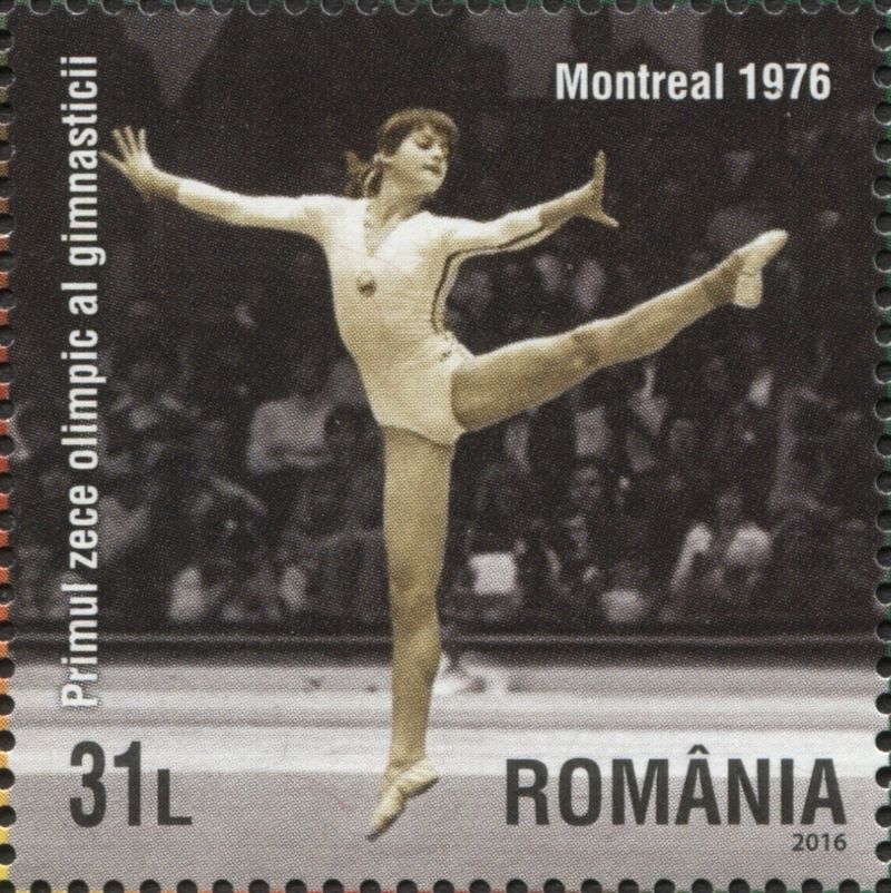 Comaneci on the floor exercise at the 1976 Olympics, a 2016 stamp of Romania