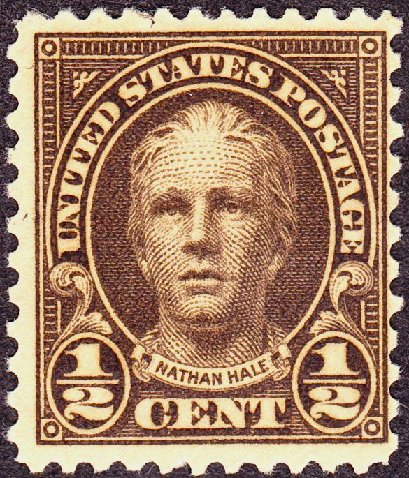 Nathan Hale appeared on US postage stamps issued in 1925 and 1929. Likeness is from statue by Bela Lyon Pratt.