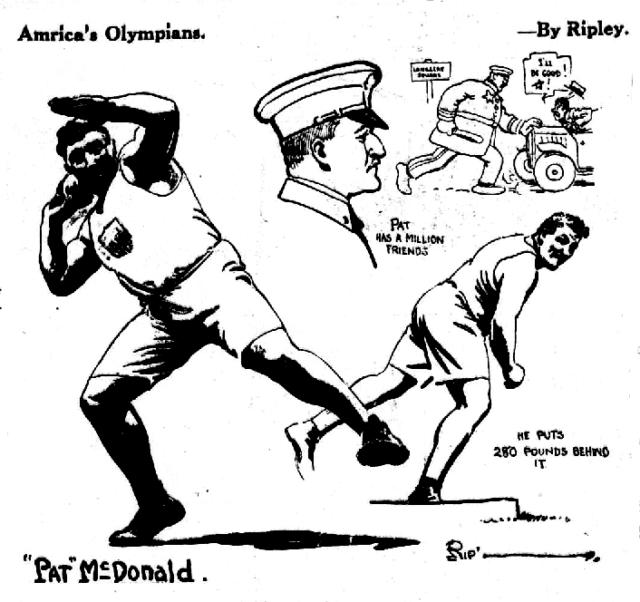 Early cartoon by Ripley, pre-"Believe it or not", published in 1920. Pat McDonald, American Olympian