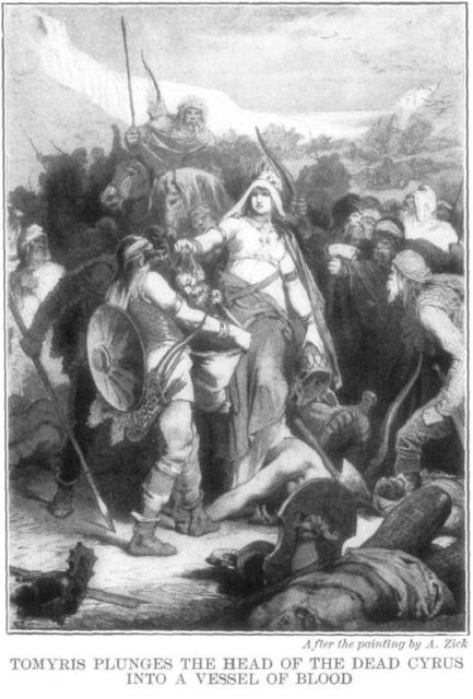 Queen Tomyris plunges the head of the dead Cyrus into a vessel of blood, by Alexander Zick.