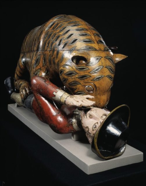 Tipu's Tiger in the V&A Museum, London showing the prostrate European being attacked. Photo Credit