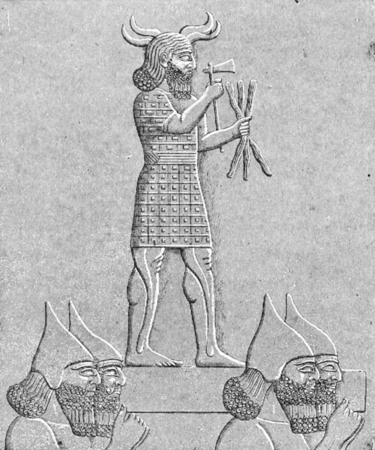 Assyrian soldiers of Ashurbanipal carrying a statue of Adad (also known as Ramman), the god of tempest and thunder.