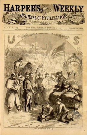 Santa Claus distributes gifts to Union troops in Nast’s first Santa Claus cartoon, 1863.