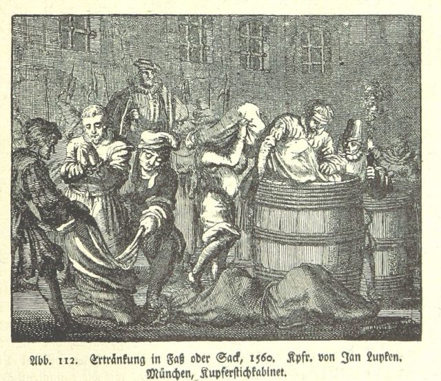 "Ertränken im Fass oder Sack", a 1560 sketch showing capital punishment 