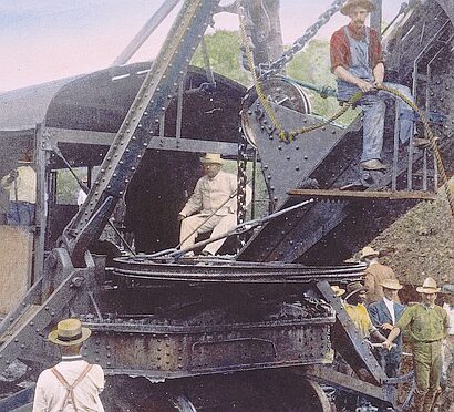 President Theodore Roosevelt sitting on a steam shovel at Culebra Cut, 1906 Photo Credit