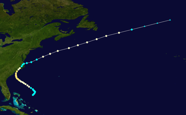 Map plotting the track and intensity of the storm according to the Saffir–Simpson hurricane wind scale