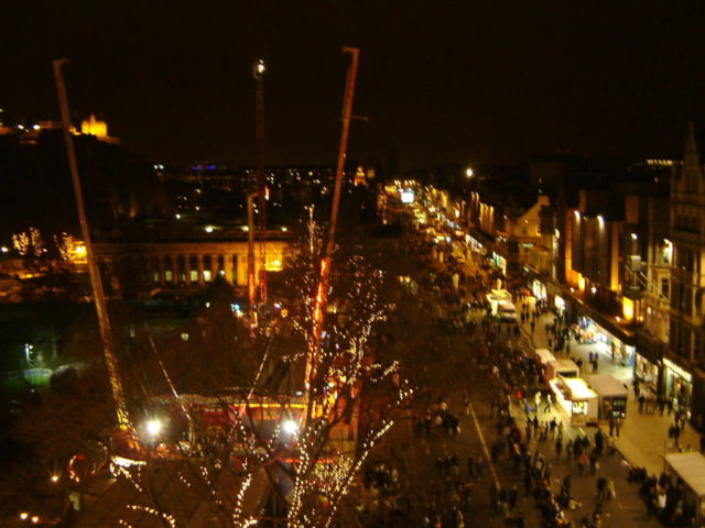 Princes street, Edinburgh, Scotland, New years, hogmanay, off a Ferris wheel. Photo credit