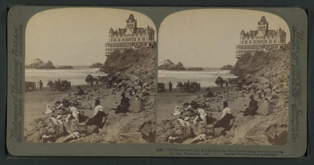 Cliff House and Seal Rocks, from the sea beach, showing the tide coming in, San Francisco, Cal, from Robert N. Dennis collection of stereoscopic views 2 Photo Credit 