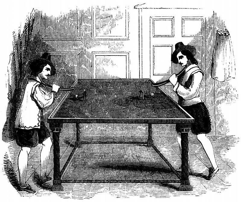 Inset from School of Recreation, 1710. "We perceive from the engraving of the Billiards of the seventtenth century, that the game was altogether different from what it is now."