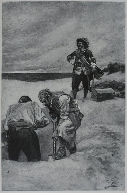 Kidd watching the burial treasures (illustration from the "Book of Howard Pyle of pirates")
