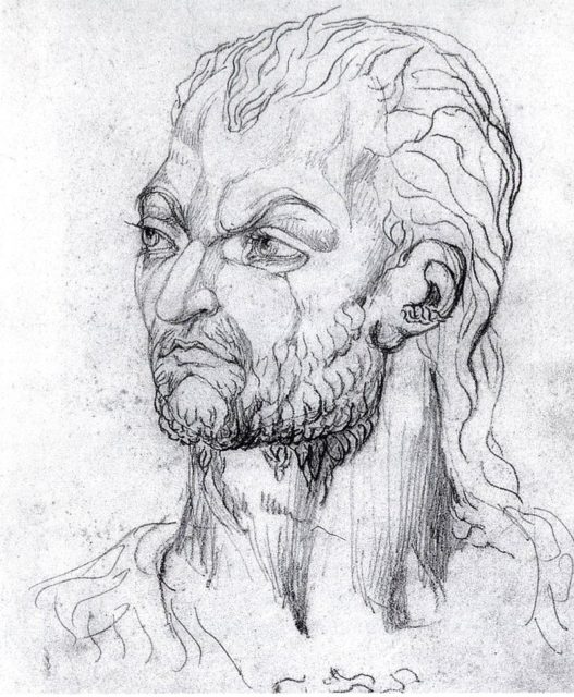 A sketch of Owain Glyndŵr as he appeared to William Blake in a late night vision. This is one of a number of such sketches known collectively as the Visionary Heads