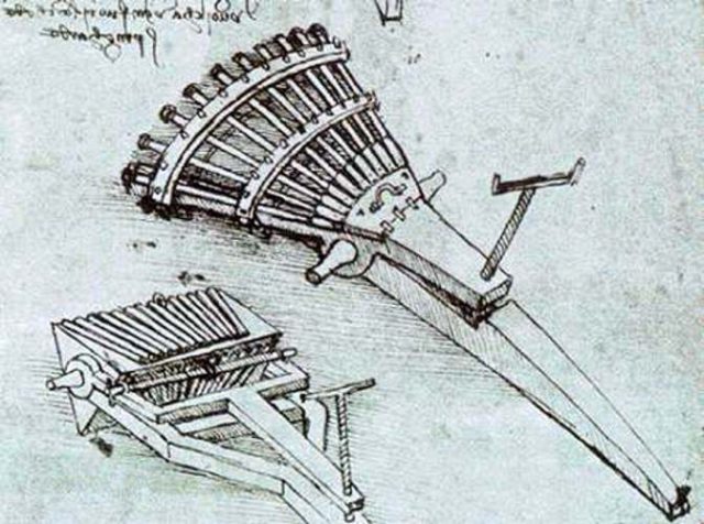 A drawing of a ribauldequin, as designed by Leonardo da Vinci. Photo Credit