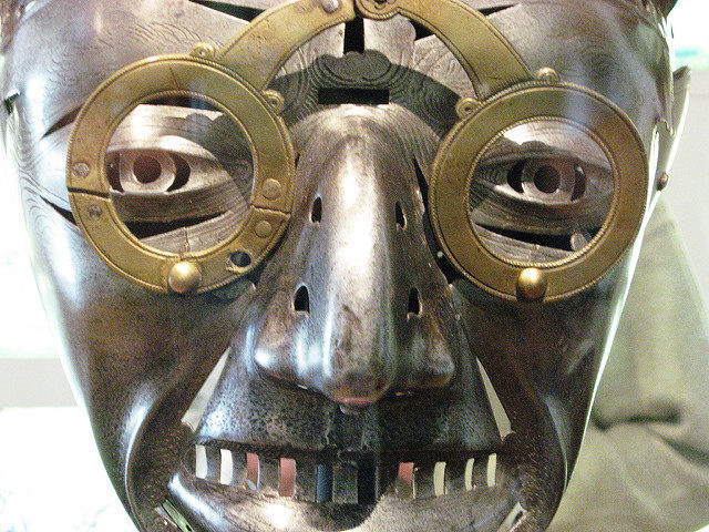 After Henry’s death, this helmet was believed to have belonged to his jester, Will Somers, because of its unusual nature. Detail. Photo Credit