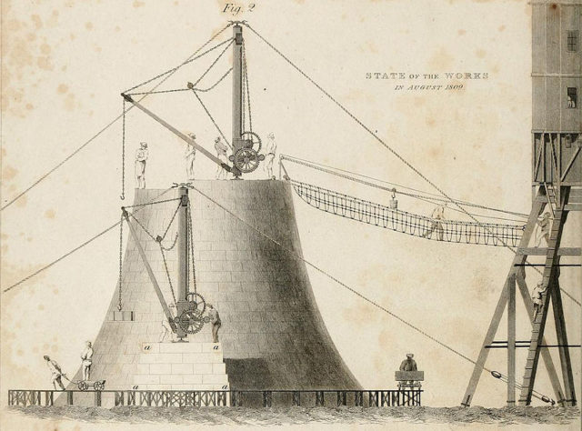 Shows the lighthouse under construction including half of the temporary beacon that was constructed alongside to accommodate the workers and serve as a temporary lighthouse