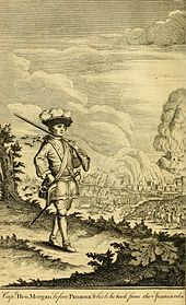 “Capt. Hen. Morgan before Panama which he took from the Spaniards” (c. 1736 engraving)