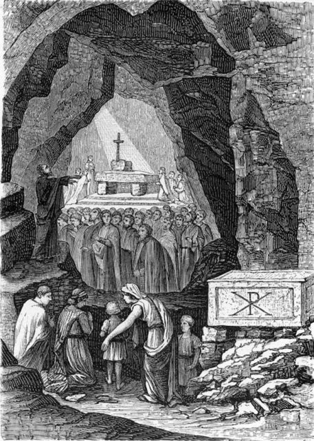 Christians celebrating Mass in the catacombs. Photo Credit