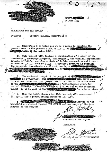 Dr. Sidney Gottlieb approved of an MKUltra subproject on LSD in this June 9, 1953 letter.