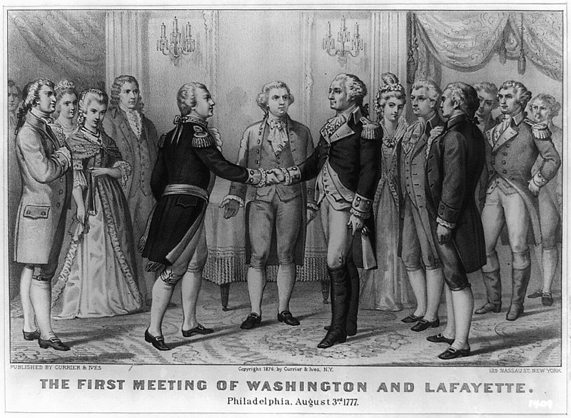 The Marquis de Lafayette first meets George Washington on 5 August 1777. By Currier and Ives