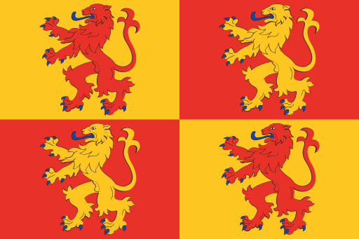 Banner of Owain Glyndŵr. Arms: Quarterly or and gules, four lions rampant armed and langued azure counterchanged. Crest. A dragon, or wyvern, gules. Mantling. Red lined white. Photo credit