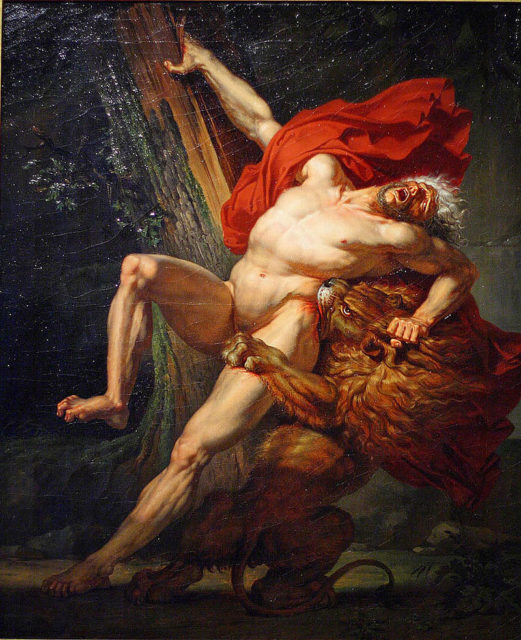 Milo of Croton, Attempting to Test His Strength, Is Caught and Devoured by a Lion by Charles Meynier (1795). In art of this period he is often depicted being killed by a lion rather than wolves