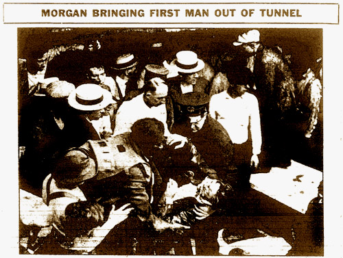 Newspaper photograph of Morgan's rescue in 1916