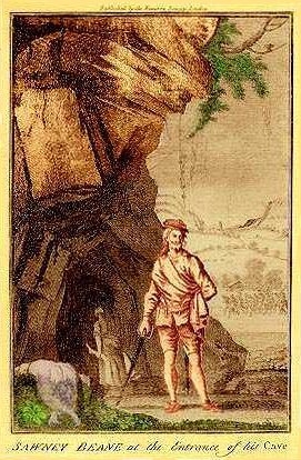 Sawney Bean at the Entrance of His Cave. Note the woman in the background carrying a dismembered leg
