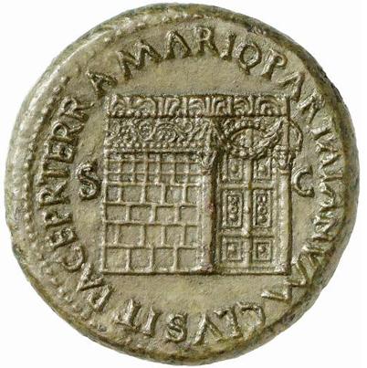 The temple of Janus with closed doors, on a sestertius issued under Nero in 66 AD from the mint at Lugdunum. Photo by Classical Numismatic Group CC BY-SA 2.5