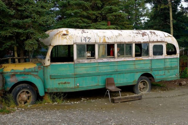 The replica of the abandoned bus that Chris McCandless lived in, this one was used for the filming of Into the Wild. Photo Credit