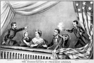 black and white rendering of the assassination of president lincoln