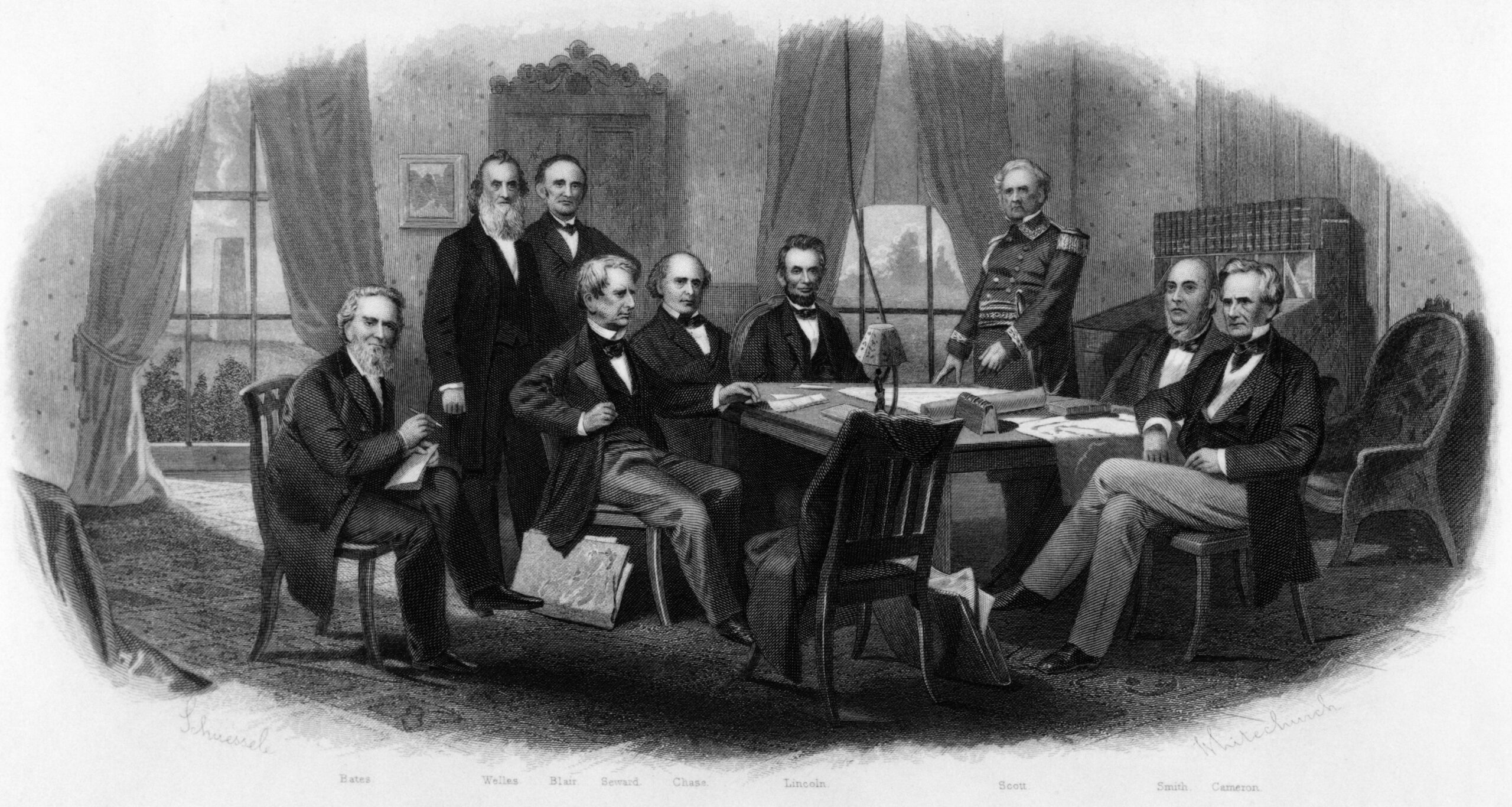 engraved drawing of Abraham Lincoln and Cabinet in council chamber