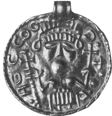 B-bracteate of the B7 or "Fürstenberg" type, found in Welschingen (IK 389), interpreted as depicting Frija-Frigg.