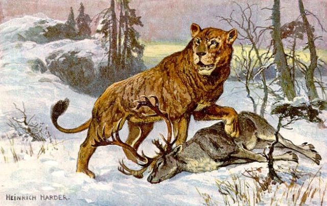Cave lion with a reindeer, by Heinrich Harder