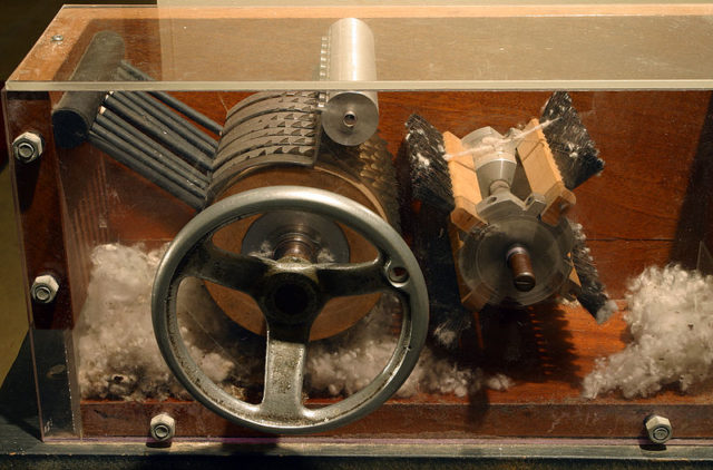 A model of a nineteenth-century cotton gin on display at the Eli Whitney Museum in Hamden, Connecticut.