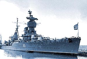 An elevated port bow view of the Soviet Navy command cruiser projekt 68-K
