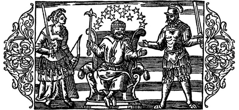 A 16th-century depiction of Norse gods by Olaus Magnus: from left to right, Frigg, Thor, and Odin