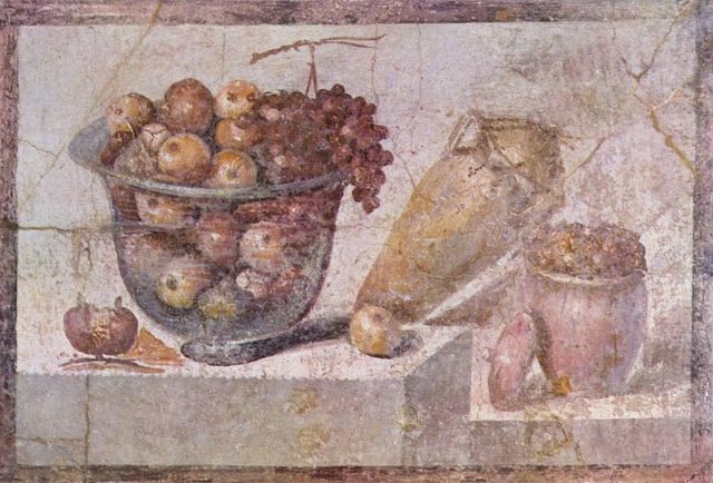 A still life with fruit basket and vases (Pompeii, c. AD 70) Photo Credit