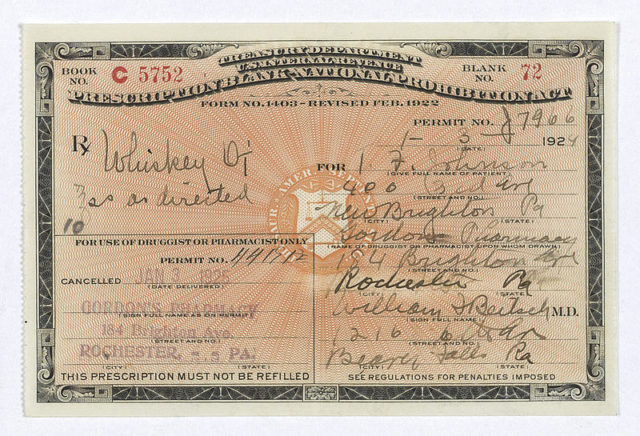 Prohibition-era prescription for whiskey.