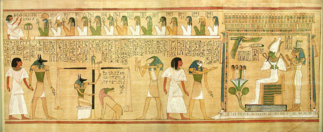A tableau from the Book of the Dead (green-skinned Osiris is seated to the right). In ancient Egyptian religious cosmology, this features as a mythical place in heaven.