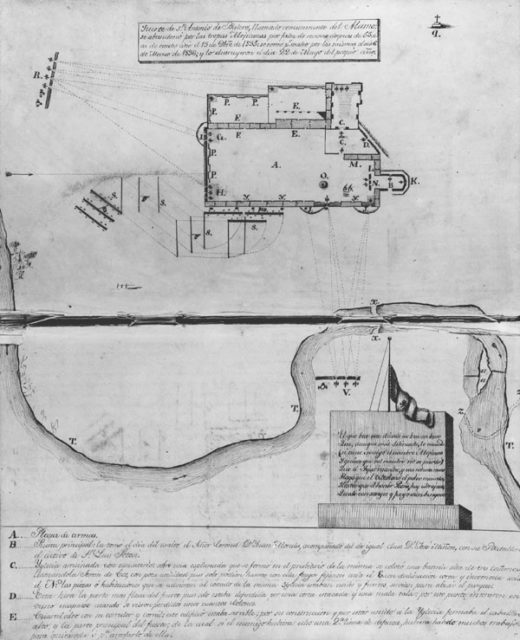 This plan of the Alamo was created by José Juan Sánchez-Navarro in 1836. Places marked R and V denote Mexican cannon; position S indicates Cos’s forces.