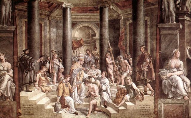 The Baptism of Constantine, painted by Raphael’s pupils.