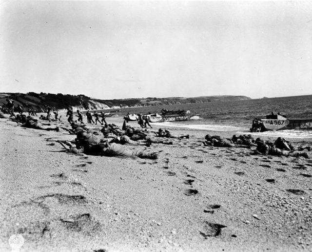 American troops landing on Slapton Sands in England during rehearsals for the invasion of Normandy.