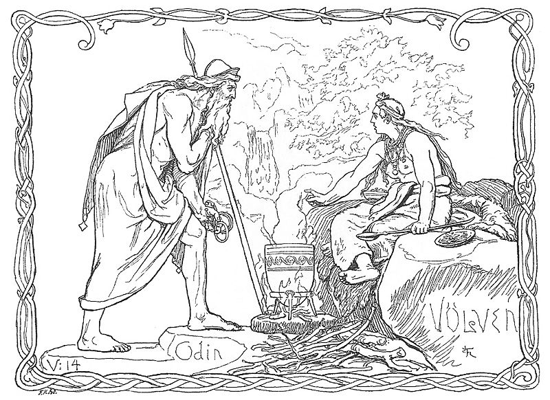 A völva, a Scandinavian seeress, tells the spear-wielding god Odin of what has been and what will be in Odin and the Völva by Lorenz Frølich (1895)