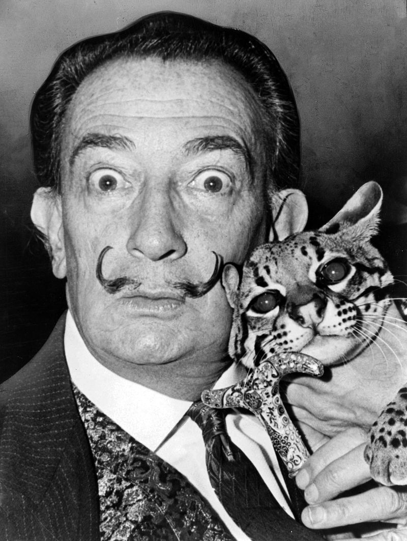 Dalí in the 1960s sporting his characteristic flamboyant moustache. Photographed holding his pet ocelot.