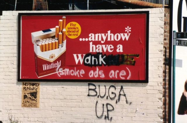 Photograph of defaced Winfield billboard from 1985  Photo Credit