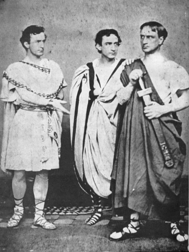John, Edwin, and Junius (Jr) in Julius Caesar (1864). Junius, Jr. played Cassius, Edwin played Brutus and John Wilkes played Mark Antony. The play was so successful and well-received, that the funds raised for the play were spent to erect a statue of Shakespeare in Central Park